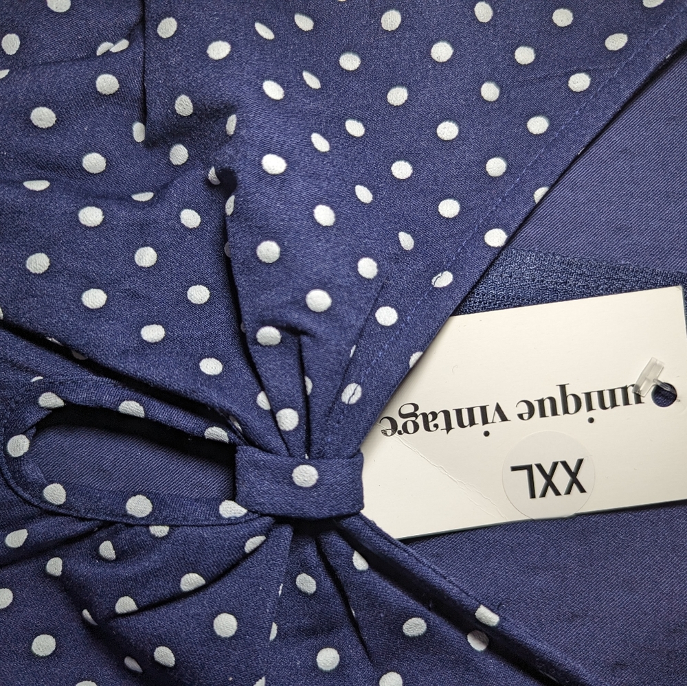 Unique Vintage Navy & White Polka Dot Long Sleeve Fit-and-Flare Dress - Picture 7 of 13